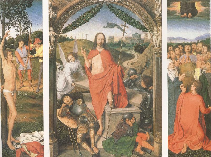Hans Memling The Resurrection with the Martyrdom of st Sebastian and the Ascension a triptych (mk05) Spain oil painting art